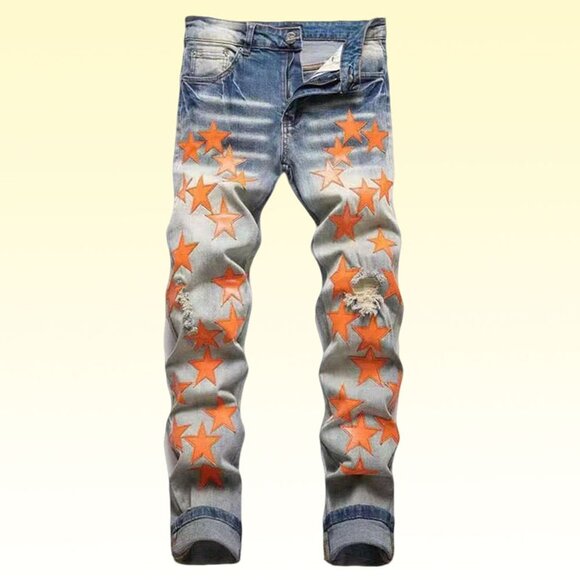 Amiri Star All Over Print Distressed Slim Fit Jeans
